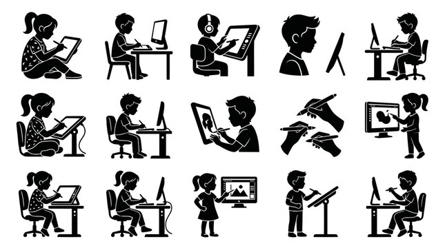 Kids Drawing on Digital Tablets and Computers, Vector Illustration, Black and White Line Art