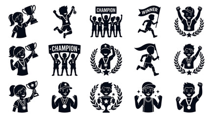 Fototapeta premium Glyph Kids Sports Champions Winners Vector Collection with Trophies, Medals, and Running Silhouettes