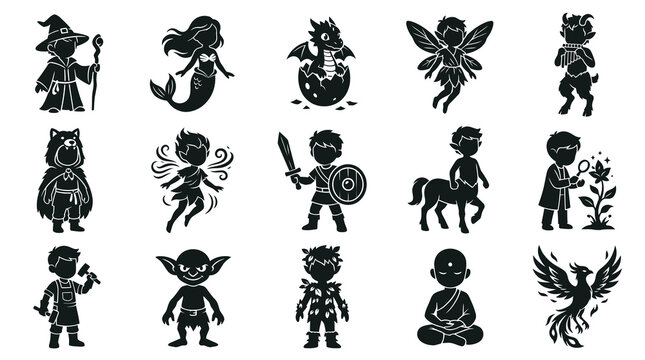 Fantasy Creatures Characters Glyph Icons Set Black White Vector Stock