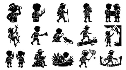 Obraz premium Kids Outdoor Adventure and Nature Exploration Glyph Icons Set. Children Explorers Silhouette Collection.