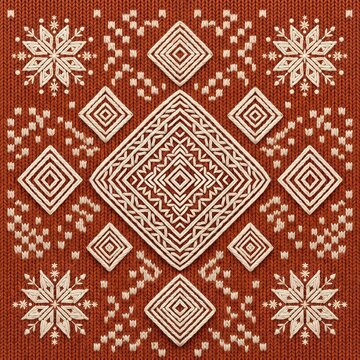 Cozy orange knitted background with white embroidered winter geometric snowflake pattern