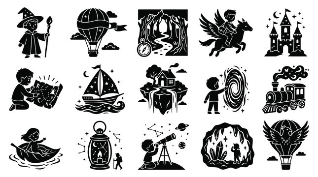 Black  White Line Art Icons for Fantasy and Adventure Themes