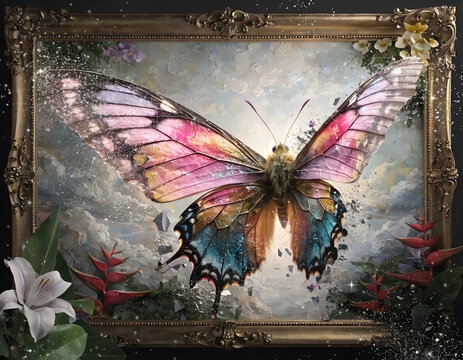 Magical 3D pop-out artwork featuring a giant colorful butterfly flying out from a framed painting, realistic wings extending beyond the canvas, sparkling particles, detailed butterfly patterns, tropic