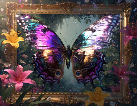 Magical 3D pop-out artwork featuring a giant colorful butterfly flying out from a framed painting, realistic wings extending beyond the canvas, sparkling particles, detailed butterfly patterns, tropic