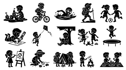 Obraz premium Children Play Activities Glyph Set - Black and White Kids Recreation and Childhood Silhouettes