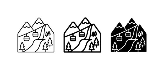 Mountain Ski Resort Icons: Cable Cars, Peaks, Trees, and Slopes © Riadul