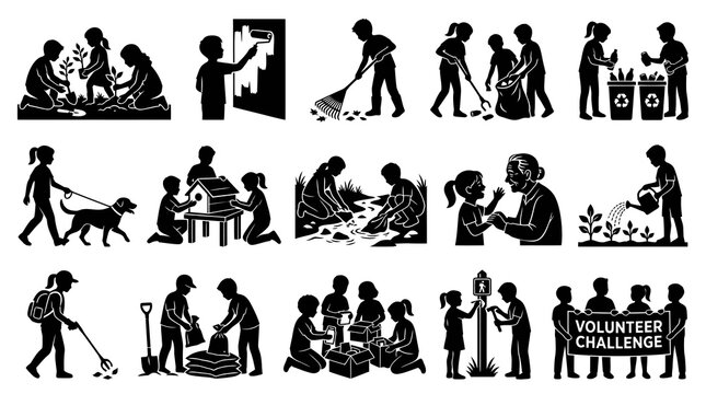 Volunteer Community Service Glyph Icons. People Helping, Charity, Environment, Social Work, Black  White Silhouettes.