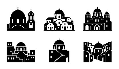 Greek Island Architecture Icons, Santorini Village Silhouettes, White Buildings Vector Set © Tabassom