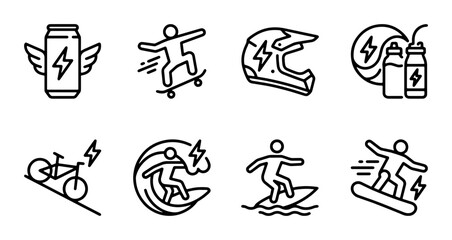 Extreme Sports Icons Set: Energy Drink, Skateboarder, Helmet, Surfer, Snowboarder © Saifunnahar