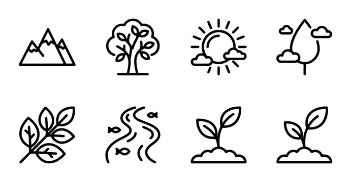 Nature Icons: Mountains, Tree, Sun, Rain, Leaf, River, Plants