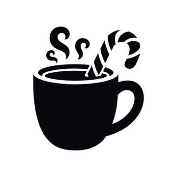 Black silhouette icon of a hot chocolate mug with peppermint candy cane.