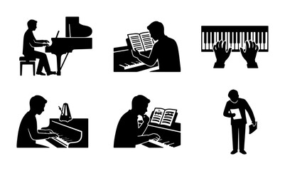 Piano Player Silhouettes, Musical Performance Icons, Keyboard Musician Set © Pritha