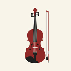Fototapeta premium Flat vector illustration of a classic violin and bow on cream