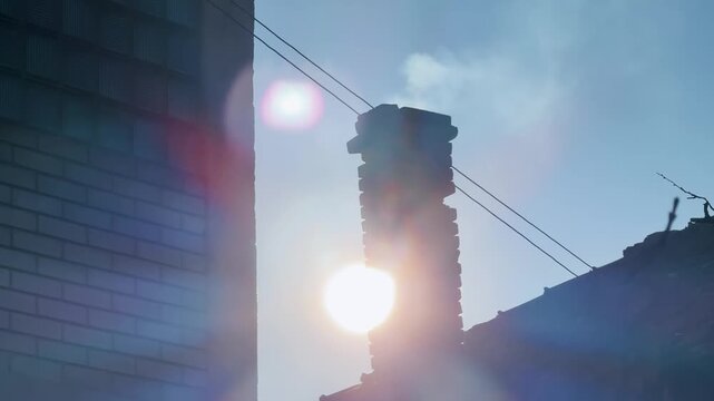 Industrial Chimney Smoking at Sunset, Urban Building Perspective