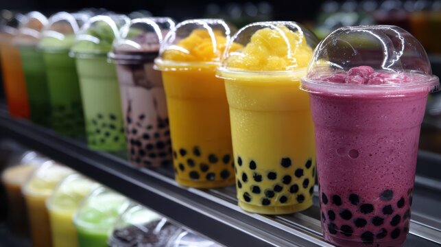 Assortment of colorful bubble tea beverages displayed on a commercial shelf