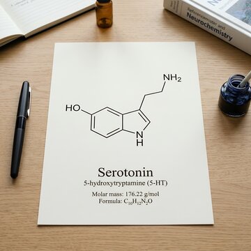Serotonin chemical structure diagram on paper with pen and inkwell.