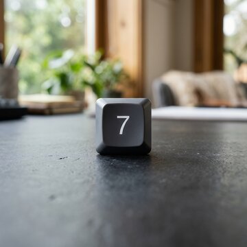 Single black keyboard key with number 7 on a dark textured surface.