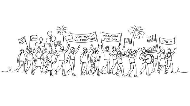 Diverse People Marching in Parade Celebrating Community and National Holiday Unity