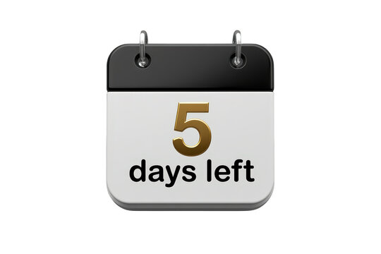 Calendar icon showing five days left countdown, upcoming deadline, time limit, and important event reminder
