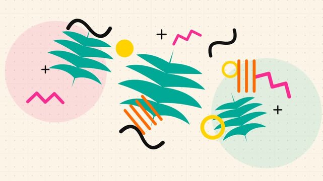 Memphis Style Abstract Geometric Motion Background With Leaves