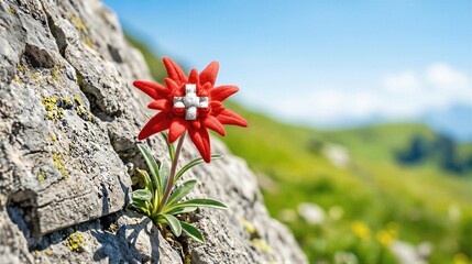 Obraz premium Edelweiss flower growing from rock with Swiss cross symbol at center. Alpine flora representing national identity. Symbol of Switzerland for Swiss National Day or cultural heritage.