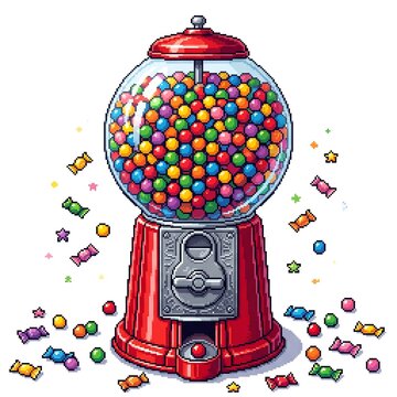 Vibrant red pixel art gumball machine filled with colorful round candies isolated on white background