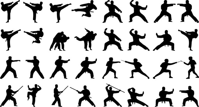 Martial Arts Athlete Silhouette Collection Vector Set on transparent background