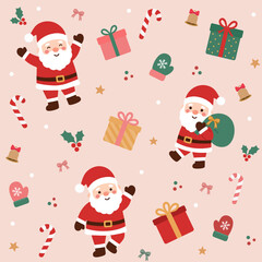 Fototapeta premium Christmas santa gift candy cane mitten bell holiday seamless pattern cute winter illustration with santa claus, present box, glove, jingle bell