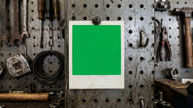 Blank Green Screen Photo Frame on Industrial Workshop Tool Board