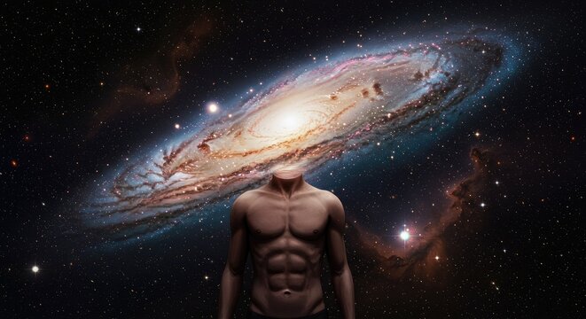 Muscular man with galaxy spiral nebula.