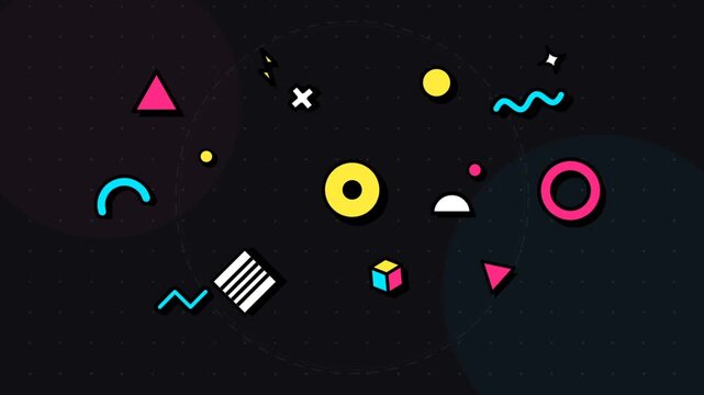 Colorful Memphis Style Geometric Shapes Moving on Dark Background