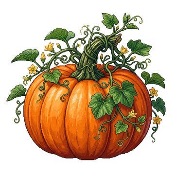 Detailed orange pumpkin with green curling vines and yellow blossoms depicted in style on white background