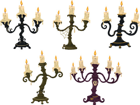 Hand-drawn vector set of gothic candelabras with burning candles
