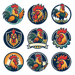 Vector set of nine rooster mascot logos and circular badges featuring colorful cockerel illustrations with farm elements like wheat, gears, trophies, shields, and sunburst designs. © Tutorialxxx18