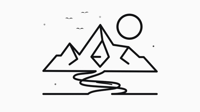 Minimalist line art mountain landscape with sun and river animation