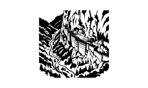 Cliffside monastery silhouette in a mountain landscape.