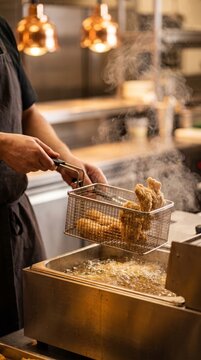 Chef lifting metal basket of fried breaded appetizers from commercial deep fryer with rising steam in kitchen.