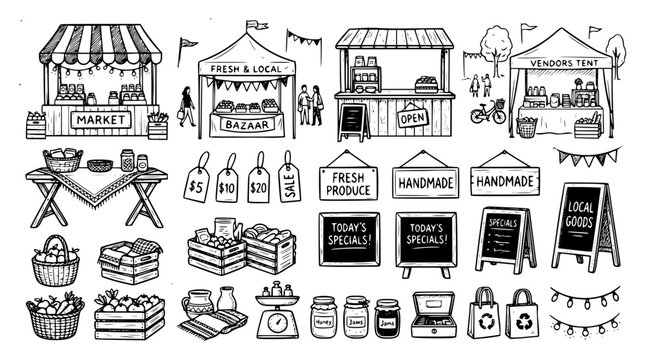 Hand drawn market stall bazaar icons banner tent sign price tag display fold table cloth, black ink sketch vector illustration