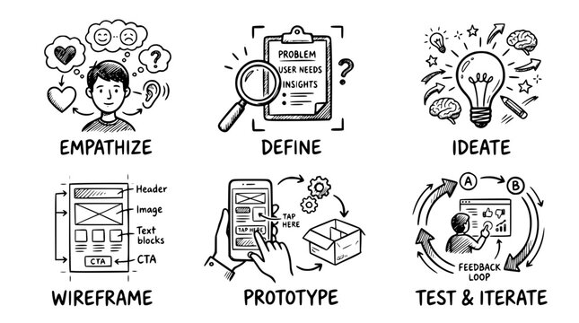 Hand drawn user experience design thinking icons wireframe prototype test iterate empathize define ideate, black ink sketch vector illustration

