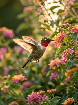 Ruby throated hummingbird feeding on colorful lantana flowers in soft sunlight.
