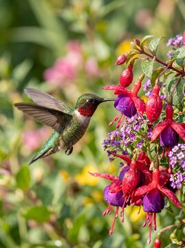 Ruby throated hummingbird feeding on fuchsia flowers in a garden.