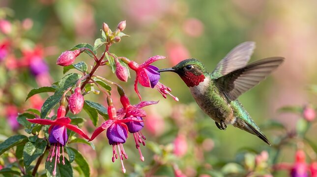 Ruby throated hummingbird feeding on fuchsia flowers in a garden.