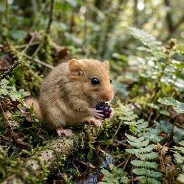 Small Dormouse Eating Berries in a Lush Forest Setting.