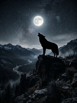 Silhouette of a wolf howling at the full moon on a rocky cliff overlooking a valley at night.