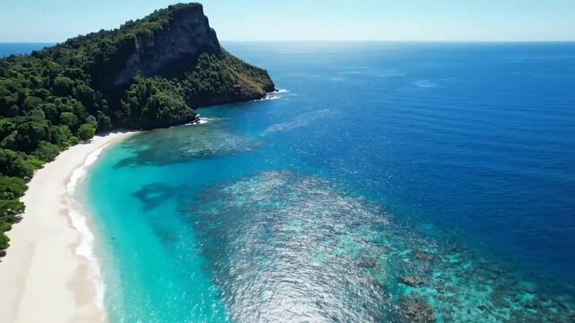 Breathtaking aerial view of a pristine white sand beach surrounded by lush green forest and crystal clear turquoise water