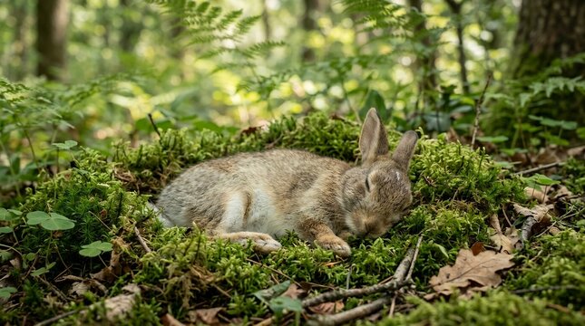 Small rabbit resting peacefully in a lush green forest floor covered in moss and ferns.