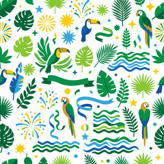Obraz premium Tropical pattern with toucans, parrots, and jungle leaves