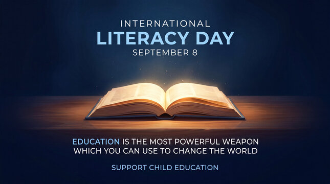 An inspirational graphic for International Literacy Day on September 8 featuring an open glowing book and a quote about the power of education to change the world.