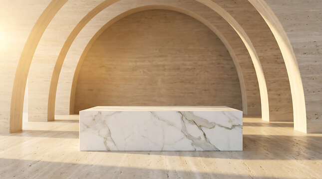 Marble pedestal in a minimalist beige stone room with arches, Perfect for product display or architectural inspiration