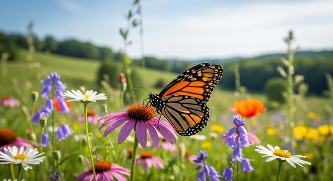 Monarch Butterfly Feeding on Wildflower Nectar in Natural Meadow Macro Wildlife Photography